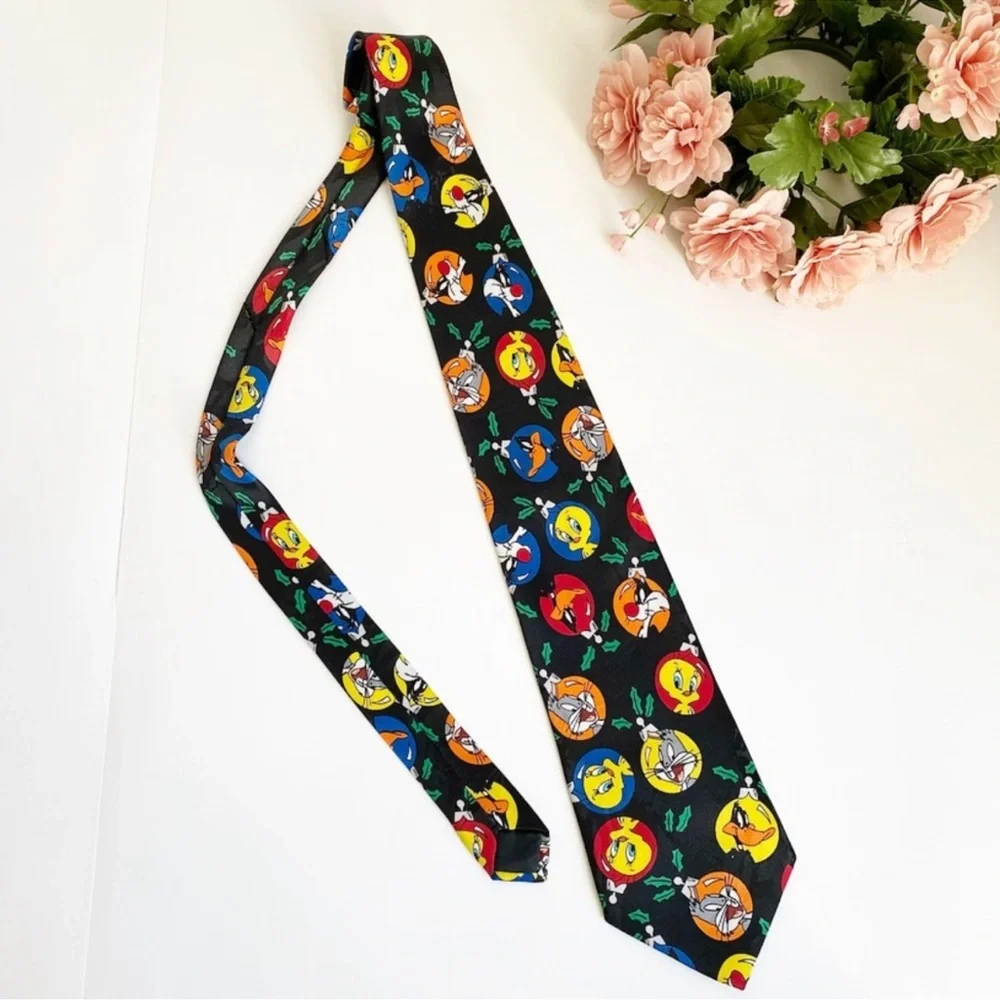 Vintage Looney Tunes Black Christmas Tree Ornaments Characters Pattern Necktie